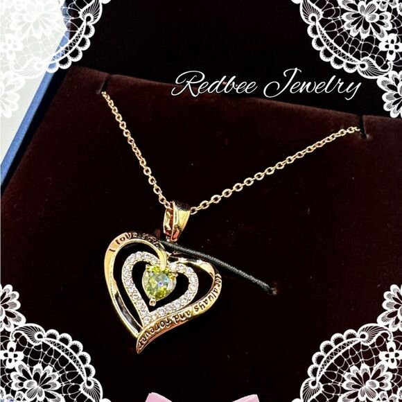 NIB Redbee 18kt GP, Rose gold over s925, Green CZ in heart necklace! - Picture 1 of 15